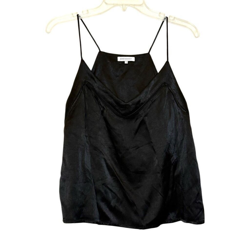 Crescent V-Neck Sleeveless Crochet Trim Black Camisole Tank Top Size Small